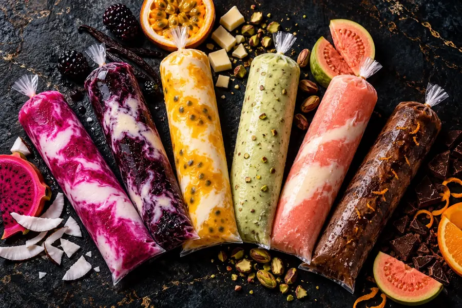 Geladinhos gourmet coloridos em embalagens transparentes, em fotografia ilustrativa