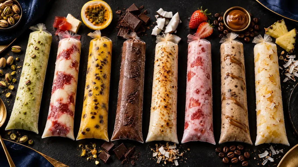 Coleção com oito sabores de geladinhos gourmet em embalagens transparentes