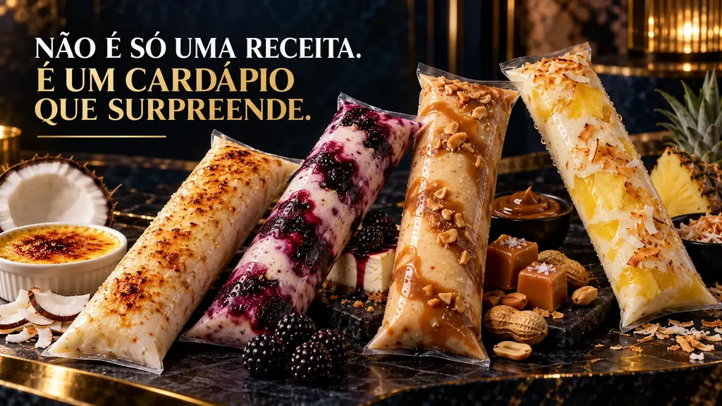 Geladinhos gourmet de coco brûlée, cheesecake de amora, caramelo salgado com amendoim e abacaxi com coco tostado